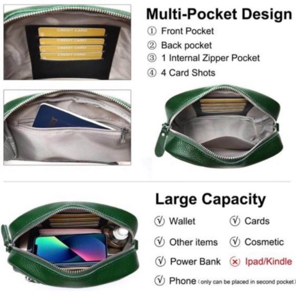 Small Crossbody Bags Genuine Leather, Green new - Picture 3 of 7